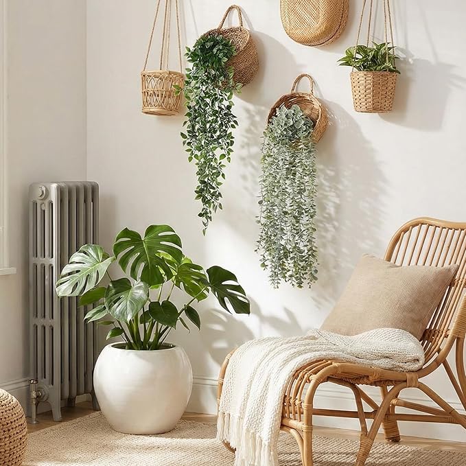 8 Pcs Artificial Hanging Plants Fake Hanging Ferns Plastic Faux Plants for Wall Room Garden Garland Indoor Outdoor Decor No Basket (Eucalyptus,Mandala Vine)