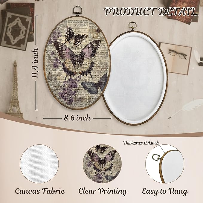 LKETW Vintage Purple Butterfly Oval Wall Art Decor, Cottagecore Dictionary Butterfly Floral Oval Canvas Hanging Decor, Retro Moth Insect Wall Decorations for Home Bedroom Living Room, 8.6x11.4 Inch