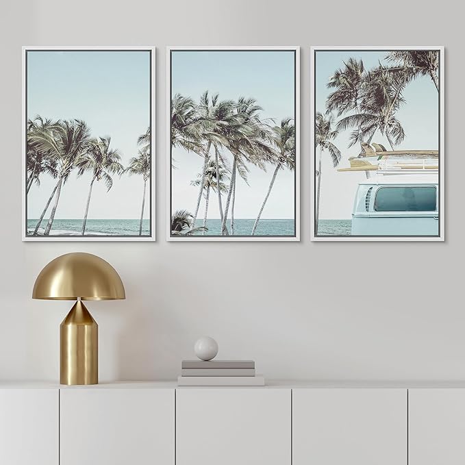Ashbrook Framed Canvas Print Wall Art Set Retro Road Trip Palm Tree Beach Vacation Nature Wilderness Photography Realism Decorative Nautical Calm/Relax/Cozy for Bedroom - 16"x24"x3 WHITE