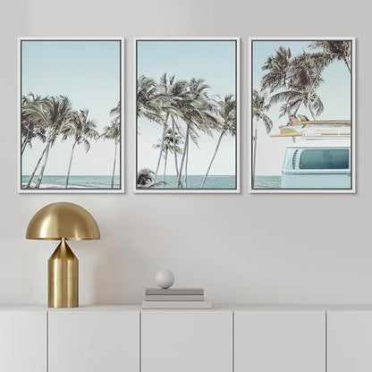 Ashbrook Framed Canvas Print Wall Art Set Retro Road Trip Palm Tree Beach Vacation Nature Wilderness Photography Realism Decorative Nautical Calm/Relax/Cozy for Bedroom - 16"x24"x3 WHITE
