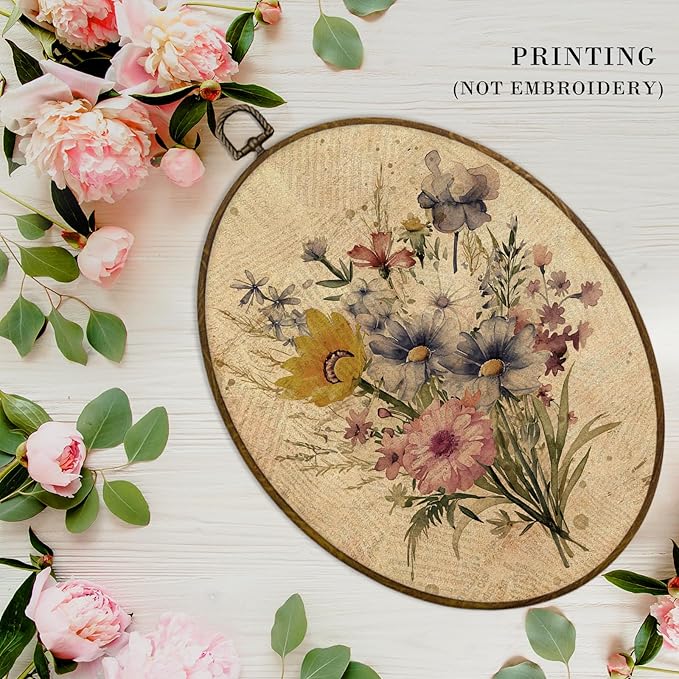 MAQIKA Boho Floral Oval Framed Wall Art Decor, Vintage Botanical Prints, Farmhouse Wildflower Oval Wall Hanging Decor, Flower Canvas Prints Wall Art for Girls Dorm Room Bedroom, 8.7x11.3 Inch