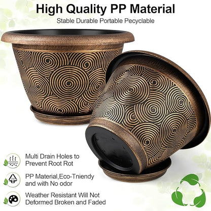 8 Inch Flower Pots Planters for Indoor Outdoor Plants, 4 Pack Plastic Small Plant Pots with Drainage Hole & Tray, Modern Decorative Garden Pot with Saucer, Plant Container for House