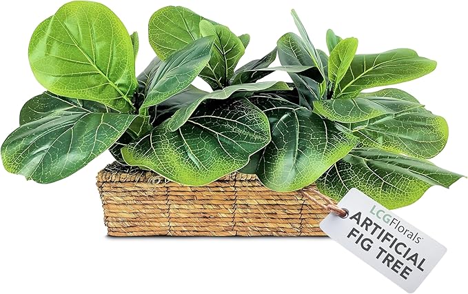 15 Inch Fiddle Leaf Fig Tree in Woven Basket - Low Maintenance Indoor & Outdoor Faux Plants for Living Rooms, Offices, Kitchens & Outdoor Spaces