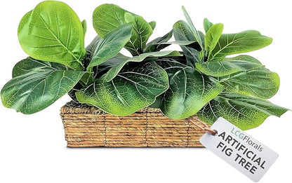 15 Inch Fiddle Leaf Fig Tree in Woven Basket - Low Maintenance Indoor & Outdoor Faux Plants for Living Rooms, Offices, Kitchens & Outdoor Spaces