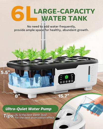 Misting Hydroponic Growing System Kit 15-Pods Indoor Smart Herb Garden Planter with LCD Touch Panel 6L Large Tank for Herb/Vegetables/Flowers/Fruits,Birthday&Christmas Gifts for Gardening Beginners