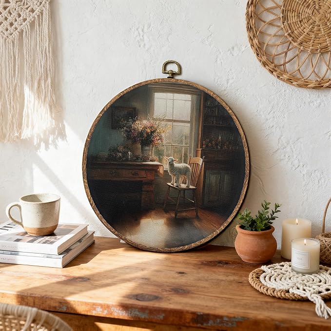 DEQSX Vintage Farmhouse Sheep Round Wall Art, Rustic Cottagecore Country Sheeep Farm Animal Wall Decor Canvas Prints Posters for Home Bedroom Living Room, 10x10 Inches