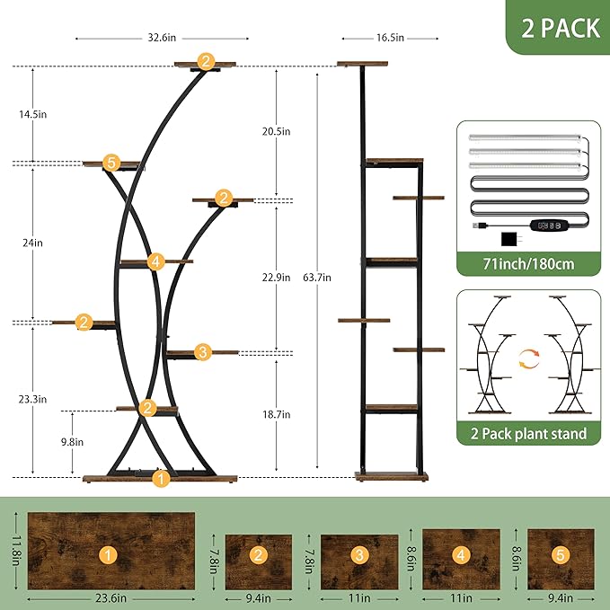Plant Stand Indoor with Grow Lights: 64" 2 Pack Large Plant Stands, 8 Tiered Curved Plant Shelf for Indoor Plants Multiple, Tall Lighted Corner Display Stands, Flower Holder for Living Room, Patio