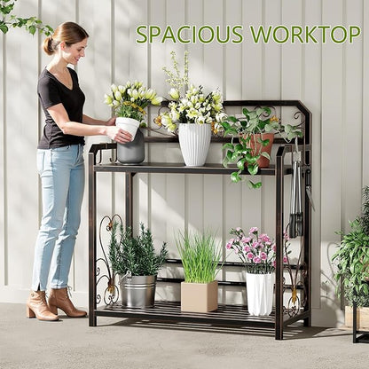 Potting Bench, Outdoor Potting Table with 4 Side Hooks, All-Weather Gardening Table Work Station, Outside Garden Workbench, 505lbs Capacity, 18" D x 39" W x 44" H, Distressed Vintage Black