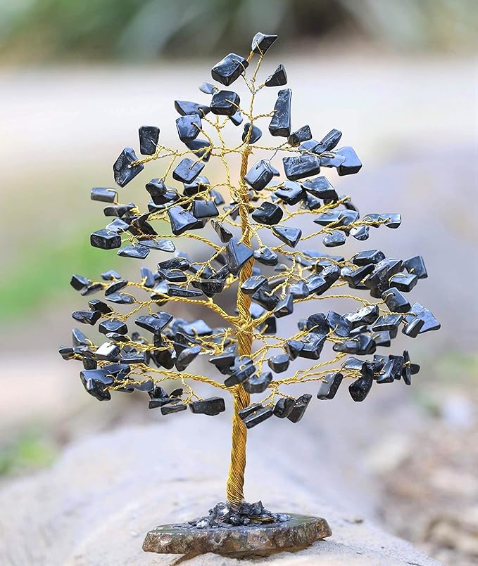 Black Tourmaline Gemstone Tree of Life With Geode Agate Slice Base - Crystal for Positive Energy, Feng Shui Decor, Chakra, Good Luck, Money Bonsai, Healing Stone, Spiritual Gem