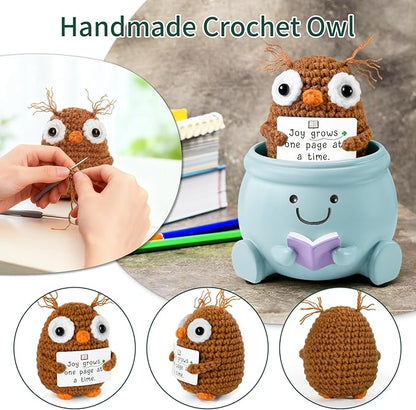 Book Lover Gift Set - Cute Reading Planter Pot with Positive Crochet Owl & Quote Card, Cozy Desk Decor for Teachers, Librarians, Women, Colleague, Friends