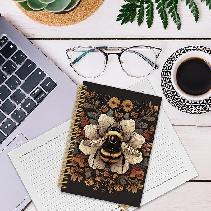 Vintage Bee Spiral Notebook, Retro Botanical Cottagecore Dark Honeybee Journaling Notebooks Gift for Teacher Women, Wildflower Plant Hardcover Journals for School Office, 160 Pages 5.5 x 8.3 Inch