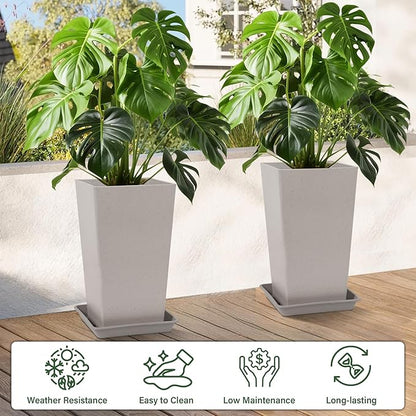 Set of 2 Tall Planter, 21 inch Large Plastic Planter with Drain Hole & Saucers, Large Outdoor Planters for Porch, Garden, Patio, Balcony(Gray Dot)