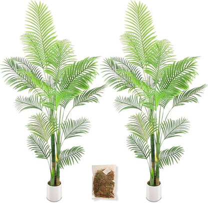 Artificial Fake Palm Tree 7FT 2Pack with White Planter & Free Moss, UV Resistant Artificial Palm Tree for Outdoors, Fake Plants for Poolside Home Room Decor, Faux Plants Outdoor Decor