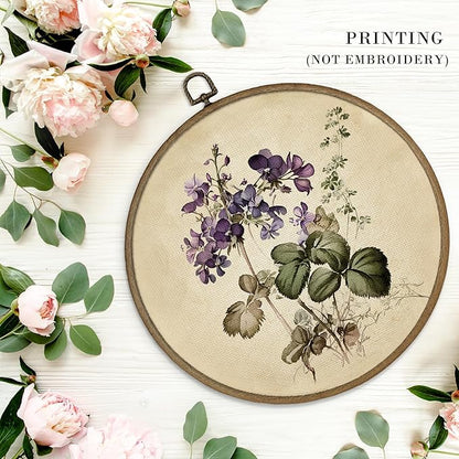 MAQIKA Vintage Purple Wildflower Framed Wall Art Decor, Botanical Wall Art, Plant Round Wall Hanging Decor, Farmhouse Flower Canvas Prints Wall Art for Bathroom Kitchen Living Room, 10x10 Inch