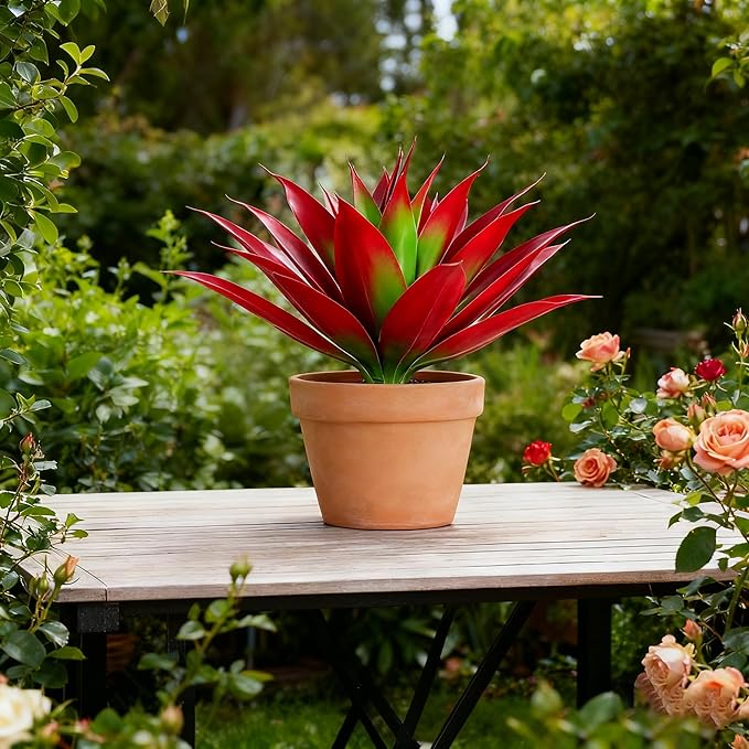 NASAMA 2Pack Artificial Plants, Large Agave, red and Green, Indoor Office Artificial Plants, UV-Resistant Fake Outdoor Decoration, Festival Outfits (Red, 28" Large 29 Leaves)