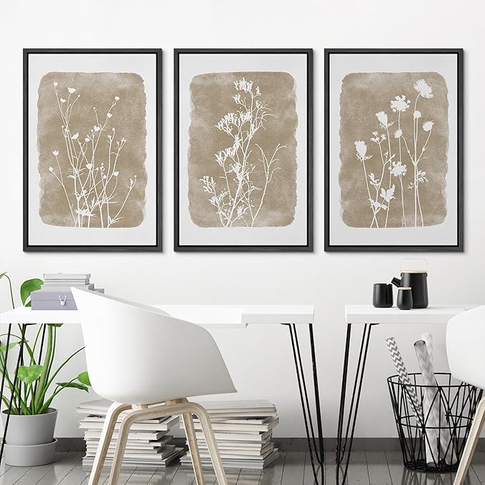 Ashbrook Framed Canvas Print Wall Art Set Vintage Country Farmhouse Flower Silhouette Nature Wilderness Illustrations Floral Botanical Minimal Calm/Relax/Cozy for Bedroom - 16"x24"x3 BLACK