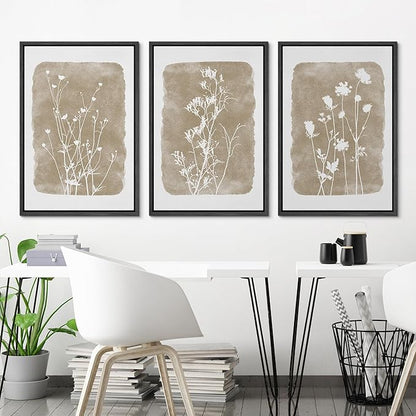 Ashbrook Framed Canvas Print Wall Art Set Vintage Country Farmhouse Flower Silhouette Nature Wilderness Illustrations Floral Botanical Minimal Calm/Relax/Cozy for Bedroom - 16"x24"x3 BLACK