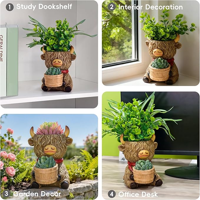 Cute Plant Pots Decor - Highland Cow Planter with Two Planters Animal Flower Pots with Drainage,Mini Succulent Pot for Home Desk Patio Decorations Outdoor Indoor Plants Pot Gifts for Plant Lovers