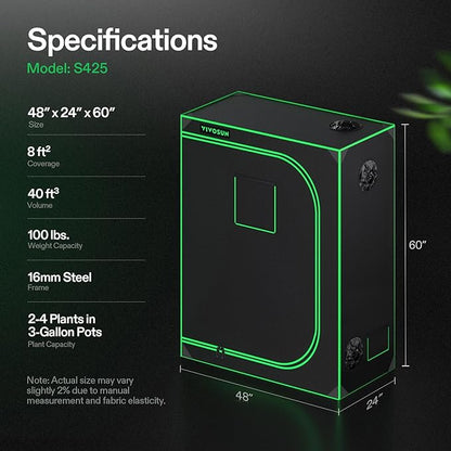 VIVOSUN S425 4x2 Grow Tent, 48"x24"x60" High Reflective Mylar with Observation Window and Floor Tray for Hydroponics Indoor Plant for VS2000