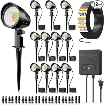 12W Landscape Lighting Kit, Low Voltage Landscape Lights with Transformer 100FT UL-Listed Wire & Connectors, 2700K Waterproof Outdoor Spot Lights for Yard House Tree 12V-24V 12Pack