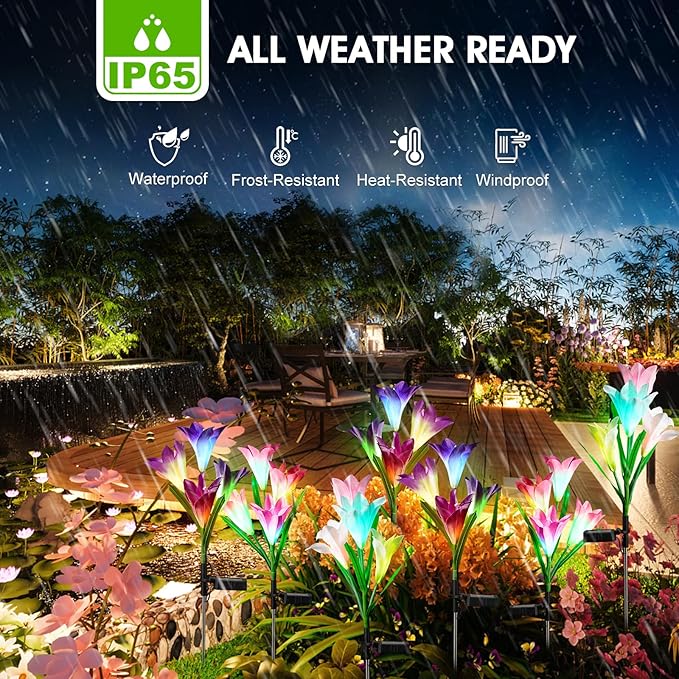 4 Pack Solar Garden Lights Outdoor, 7 Color Changing LED Powered Waterproof Lily Flowers Landscape Lights for Outside Yard, Patio, Pathway Decorative, Décor, Gifts