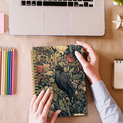 XPH William Morris Crow Spiral Notebook, Dark Cottagecore Journaling Notebooks for Note Taking, Vintage Floral Raven Hardcover Journal for Writing 160 Pages 5.5 x 8.3 Inch, Crow Gifts for Women