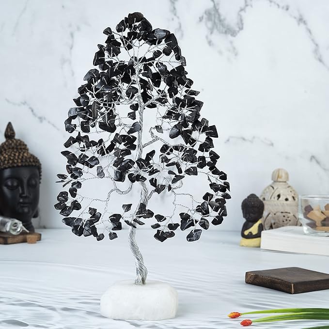 Black Tourmaline Gemstone Tree of Life Quartz Base Chakra Tree for Positive Energy, Handmade Crystal Tree Feng Shui Decor Money Tree Bonsai Good Luck Black Healing Crystals Spiritual Fathers Day Gift
