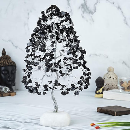 Black Tourmaline Gemstone Tree of Life Quartz Base Chakra Tree for Positive Energy, Handmade Crystal Tree Feng Shui Decor Money Tree Bonsai Good Luck Black Healing Crystals Spiritual Fathers Day Gift