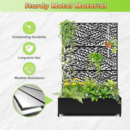 Metal Raised Garden Bed with Trellis, 2-in-1 Planter Box & Privacy Screen for Climbing Plants, Outdoor Standing Flower Bed with Drainage Holes, 47.2" L x 16.7" W x 70.8" H, Black-Spring