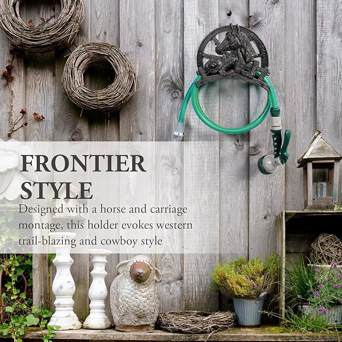 MyGift Heavy Duty Hose Holder, Cast Iron Outdoor Garden Hose Hanger Wall Mounted Water Hose Holder Reel with Vintage Scrollwork Design (Horse and Wagon)