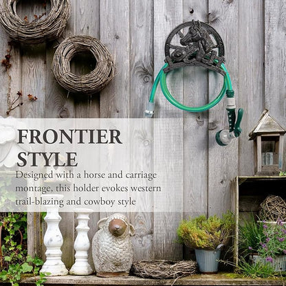 MyGift Heavy Duty Hose Holder, Cast Iron Outdoor Garden Hose Hanger Wall Mounted Water Hose Holder Reel with Vintage Scrollwork Design (Horse and Wagon)