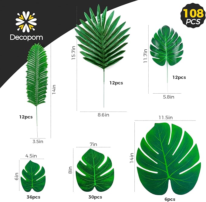144 Pack Artificial Palm Leaves Bundle – 6 Types of Large Tropical Greenery for Hawaiian, Luau, Jungle, Tiki, Safari, or Birthday Decorations