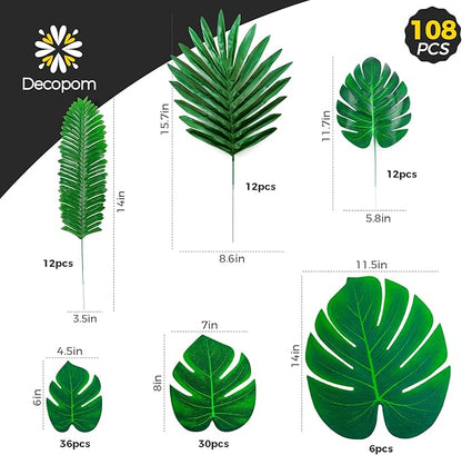 144 Pack Artificial Palm Leaves Bundle – 6 Types of Large Tropical Greenery for Hawaiian, Luau, Jungle, Tiki, Safari, or Birthday Decorations
