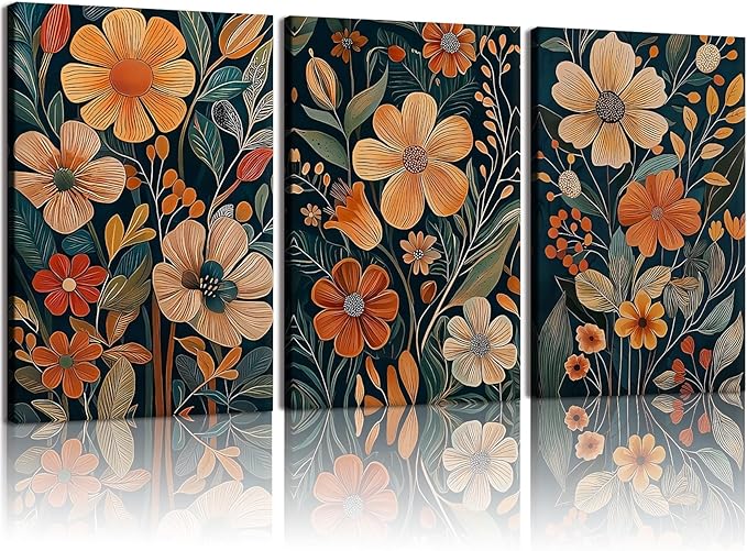 Kdyudo 3 pcs Vintage Orange Floral Framed Canvas Wall Art, Medieval Modern Floral Paintings, Natural Botanical Artwork, Bohemian Neutral Botanical Decorative Artwork, Living Room, Office, Office, 12x16 Inch