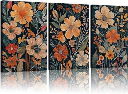 Kdyudo 3 pcs Vintage Orange Floral Framed Canvas Wall Art, Medieval Modern Floral Paintings, Natural Botanical Artwork, Bohemian Neutral Botanical Decorative Artwork, Living Room, Office, Office, 12x16 Inch