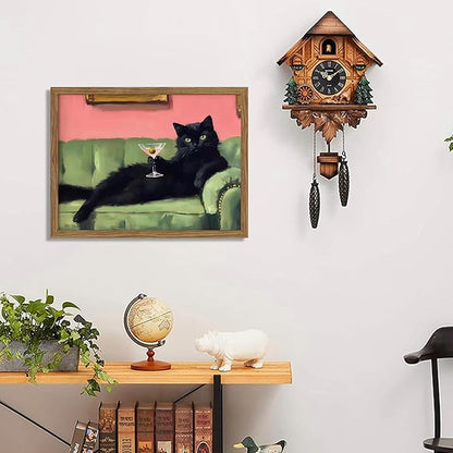 Framed Black Cat with Martini Wall Art Print, Whimsical Cute Cat Decor Paintings, Cocktail Art Bar Cart Decor, Funny Animal Canvas Pictures Aesthetic for Home Living Room Bedroom – 8x10 inch