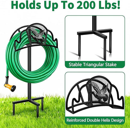 AMAGABELI GARDEN & HOME Hose Holder for Outside Freestanding 150 Feet Holds Heavy Duty Metal Detachable Rustproof Hose Stand Hanger Decorative Water Hose Storage With Ground Stakes Garden Lawn Black