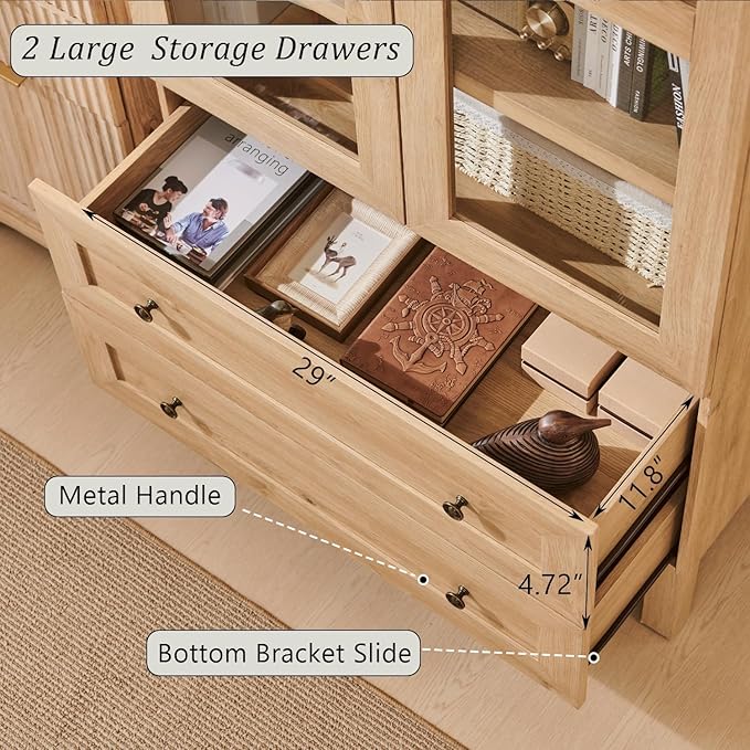 71" Tall Arched Bookshelf, 4-Tier Bookcase with Glass Doors and Shelves, Wooden Display Cabinet w/2 Large Storage Drawers, Modern Farmhouse Versatile Bookshelf for Living Room, Bedroom, Natrual