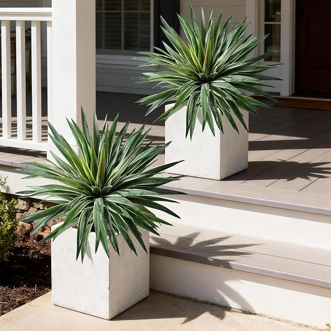 Artificial Agave Plant Fake Agave Planters for Indoor Outdoor Faux Agave Plants Real Touch Realistic Greenery for Home Living Room Office Bathroom Garden Front Porch Patio Decor (21inch-2 Pcs White)