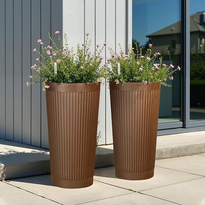 Set of 2 Tall Self-Watering Planters, 24" Large Planters with Water Level Indicator for Indoor & Outdoor Plants, Modern Planters for Garden, Patio, Balcony, Porch, Terracotta