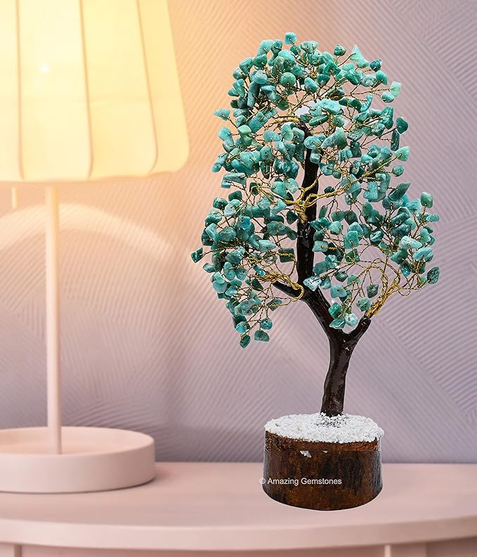 Amazing Gemstone Amazonite Natural Healing Premium Crystal Bonsai Feng Shui Fortune Money Tree of Life for Home Office Decor (Gift Box Ready) (10-12 Inch)