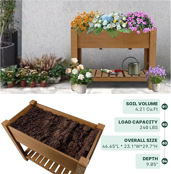 Raised Garden Bed Outdoor, Wooden Planter Boxes with Legs Protective Liner & Drainage Holes, Elevated Garden Flower Beds for Backyard Balcony, Gift for Gardening & Mother,46.6'' X 23.11'' X 29.72''