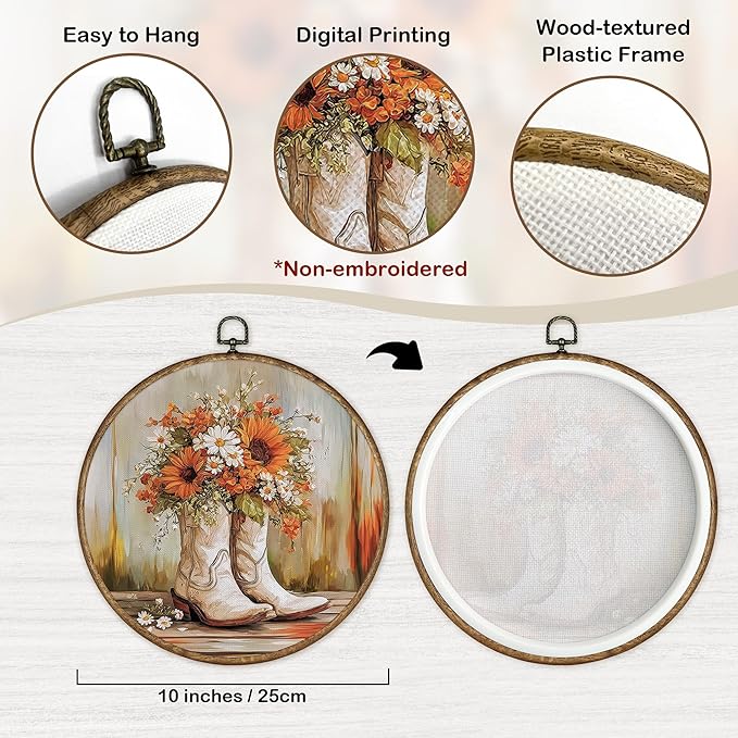 TLESKE Orange Western Cowgirl Round Wall Art Framed 10x10, Fall Sunflower Canvas Wall Art Prints Artwork, Preppy Autumn Wall Hanging Room Door Decor Decorations for Bedroom Living Room