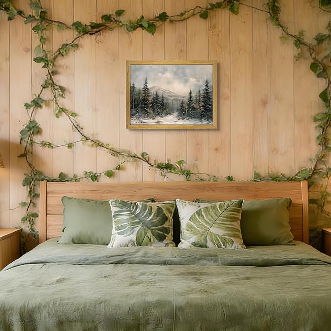 Framed Vintage Wall Art, Forest Landscape Canvas Wall Decor, Winter Pine Tree Poster Print Picture, Christmas Decor Painting for Living Room Bathroom Kitchen Home Decor 16x12 Inch