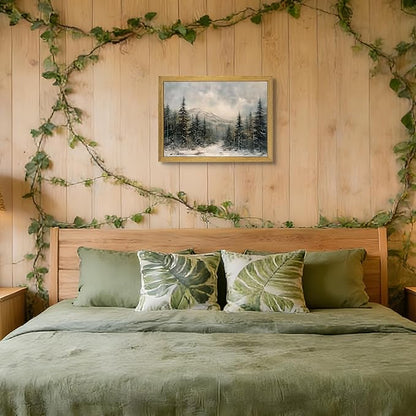 Framed Vintage Wall Art, Forest Landscape Canvas Wall Decor, Winter Pine Tree Poster Print Picture, Christmas Decor Painting for Living Room Bathroom Kitchen Home Decor 16x12 Inch