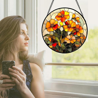 Stained Glass Window Hanging - Orange Marigolds Flowers Suncatcher for Door Garden Yard Sun Catchers Decor Christmas Mother's Day Birthday Gifts for Women Mom Nana Girlfriend Men 9.8 in