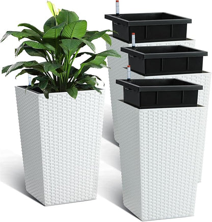GarveeLife 16 Inch Tall Rattan Planter Set of 4, Self Watering Plant Pots with Water Level Monitor, Outdoor and Indoor Flower Pots for Patio, Porch, Living Room, or Home Office, White