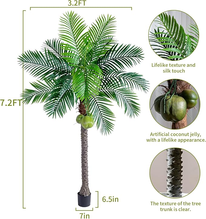 7.2FT Artificial Phoenix Palm Tree with Coconut Fruit Artificial Plants Indoor Outdoor Large Faux Coconut Palm Tree Tropical Fake Palm Plant for Modern Farmhouse Yard Outside Patio Poolside