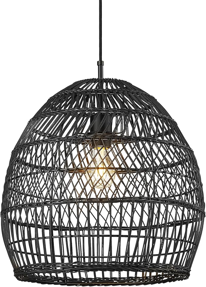 ELYONA 16” Large Rattan Pendant Light, Modern Black Wicker Chandelier, Hand Woven Boho Basket Hanging Light Fixtures for Farmhouse Dining Room Kitchen Island Living Room Bedroom Foyer (40cm*40cm)