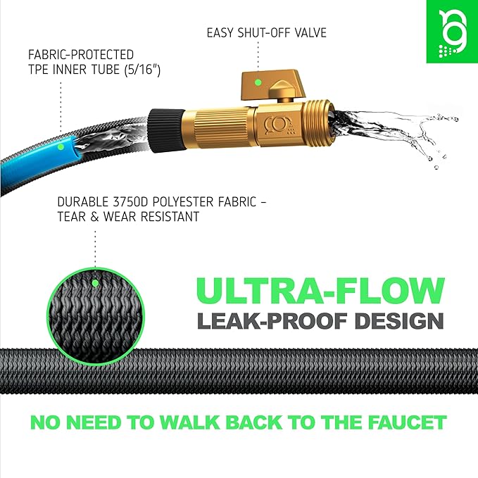 Ultra-Flow Garden Hose 75 FT, No-Kink and Leak-Proof Heavy-Duty Flexible Water Hose 75FT with Reinforced TPE Core, 3/4" Solid Brass Fittings, Non-Expandable Manguera Para Jardin, Built to Last